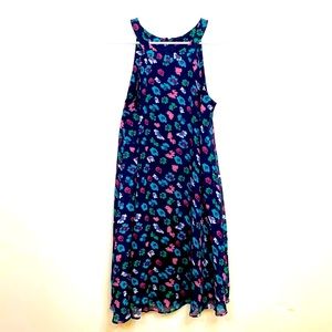BETSEY JOHNSON Blue Floral Print Shift Dress with High Collar Sleeveless